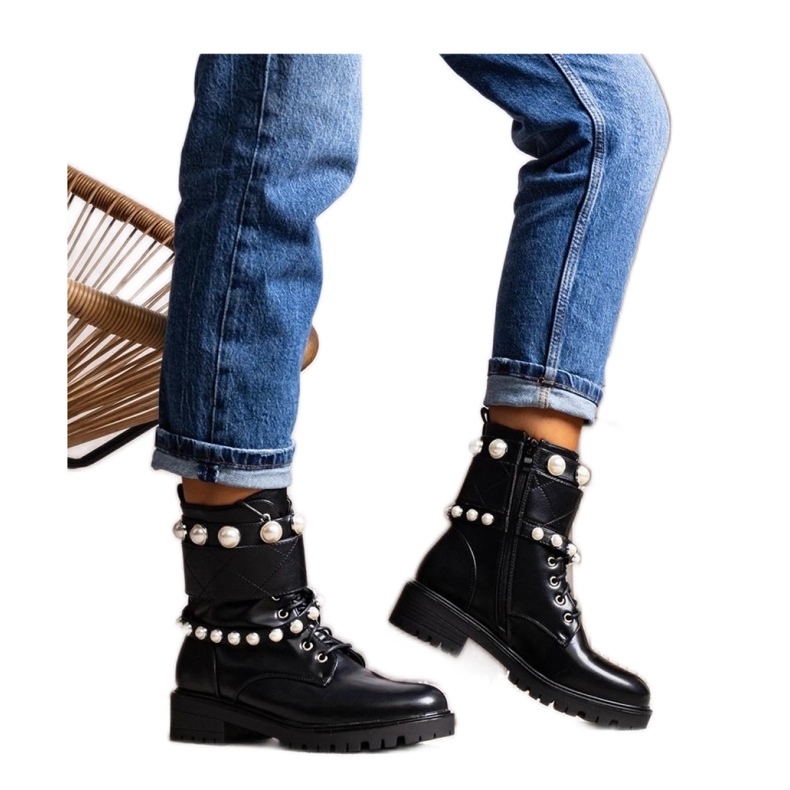 Solea Stivaletti stringati da donna neri con perle nero