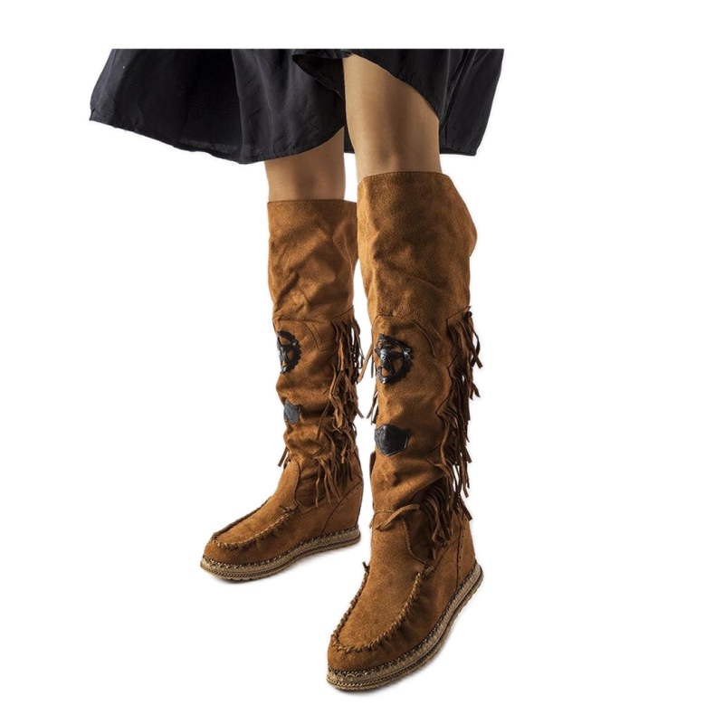 Stivali zeppa marroni con frange marrone