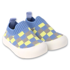 Scarpine befado blu con fantasia a quadretti gialli e grigi 002P063