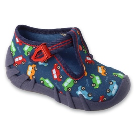 Pantofole per bambini Befado con fibbie 110P509, blu navy con motivi di automobili