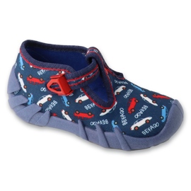 Pantofole per bambini Befado con fibbie 110P503, blu navy con motivi di automobili
