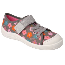 Ciabatte per bambini Befado con velcro 351Y038, grigie con fiori e filo argentato grigio