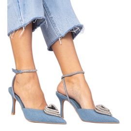 Scarpe col tacco blu con tacco aperto decorato con zirconi