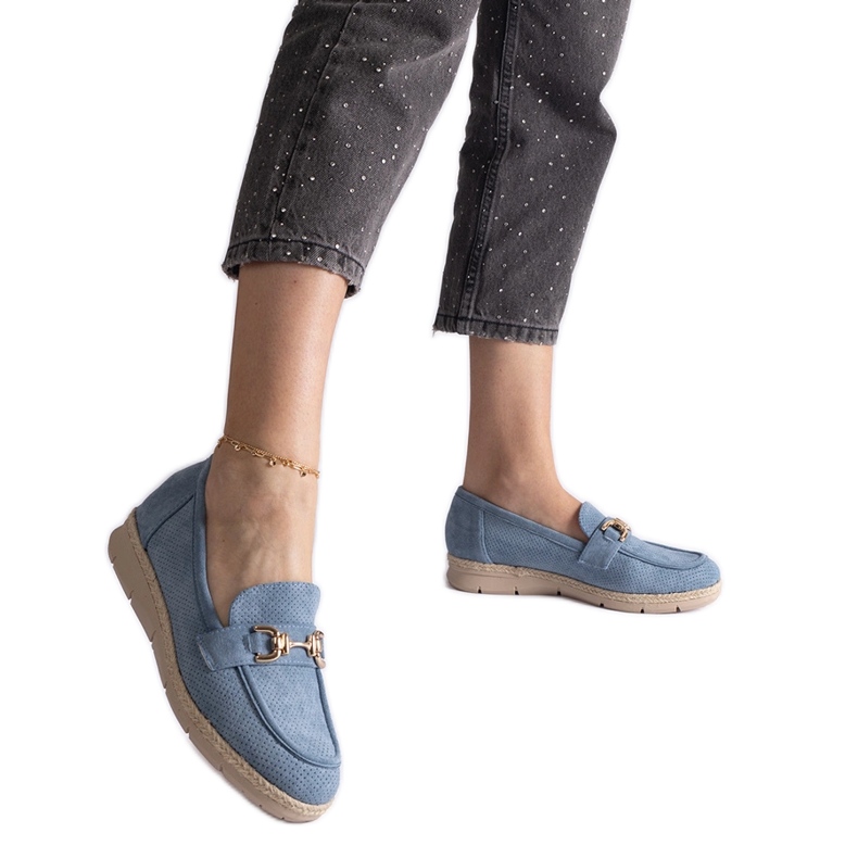 Mocassini da donna blu con eco scamosciata con una catena