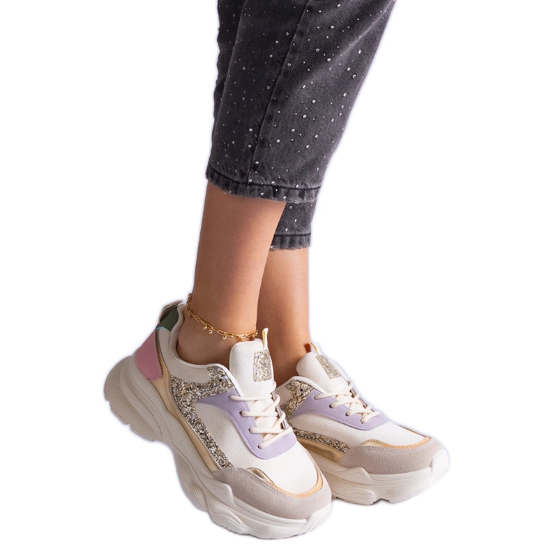 Sneaker multicolore con inserti glitter beige