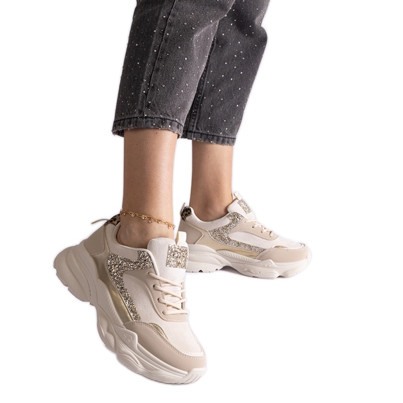 Sneakers beige con inserti in glitter