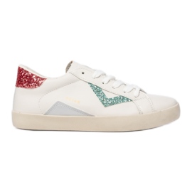 Sneaker bianche da donna, inserti verdi rosa bianca