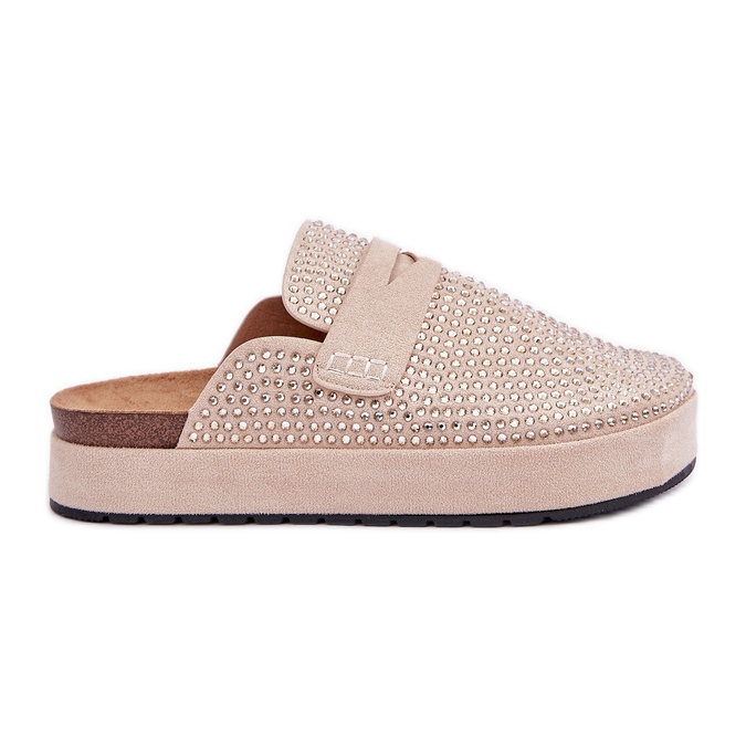 Pantofole da donna decorate con zirconi sulla piattaforma beige