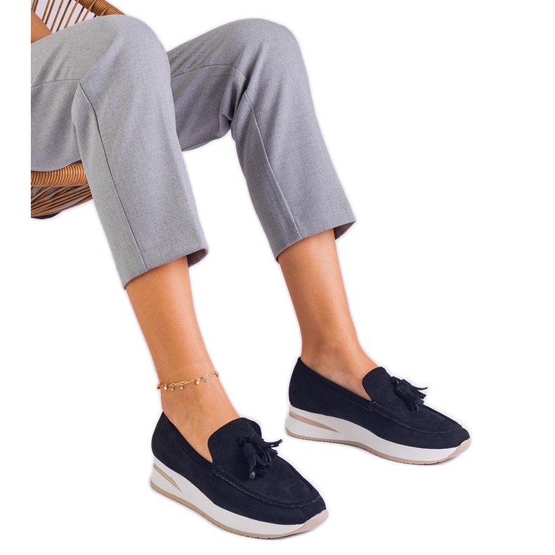 Mocassini da donna nera sulla piattaforma con frange nero