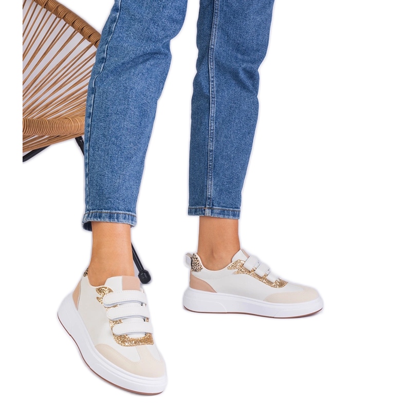 Sneaker da donna beige per velcro decorate con glitter