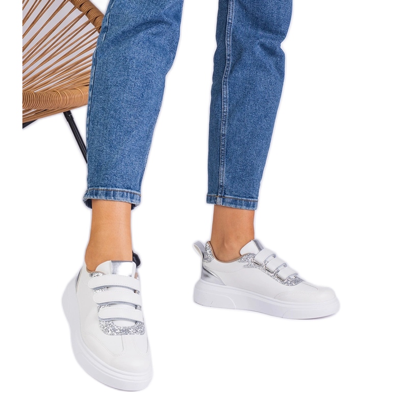 Sneaker bianche e argento da donna per velcro decorate con glitter bianca