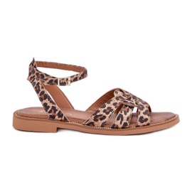 Zazoo Sandali in pelle da donna con tacchi piatti Stampa leopardo 3688 marrone