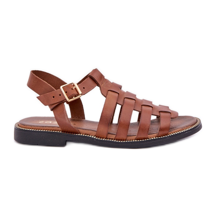 Sandali in pelle con tacchi piatti Zazoo 3686 Camel marrone
