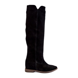 Zazoo 3407 stivali da ginocchio in pelle scamosciata femminile con tacchi piatti nero