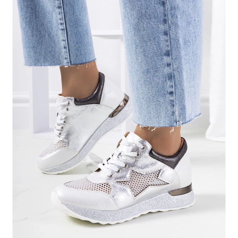D/GMR Scarpe sportive metalliche bianche in pizzo -up sneaker openwork torres bianca