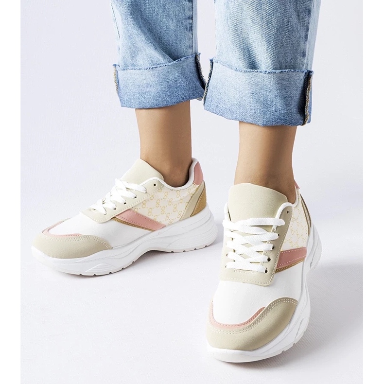 D/GMR Sneakers beige e bianche con un accento duffy dorato