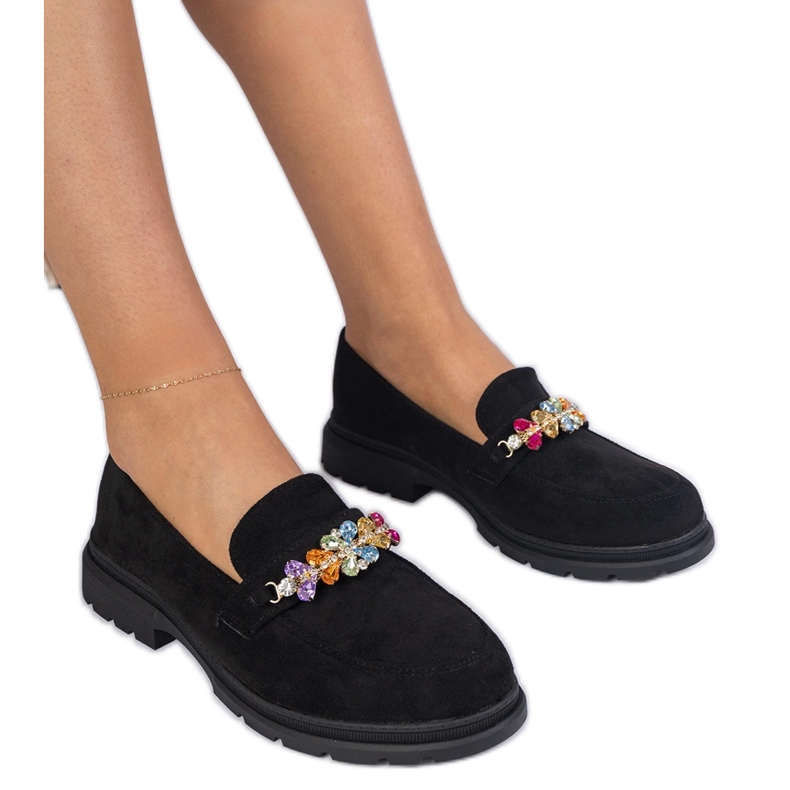 Mocassini da donna nera decorati con pietre nero