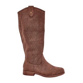 Stivali a tacco piatto con un modello di lavoro aperto S.Barski Hy51-062 Brown marrone