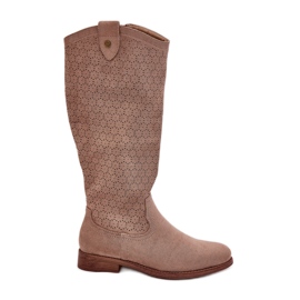 Stivali a tacco piatto con un modello di lavoro aperto S.Barski Hy51-062 beige