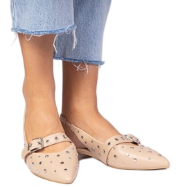 Beige tacchi piatti da donna con un tallone aperto e strass