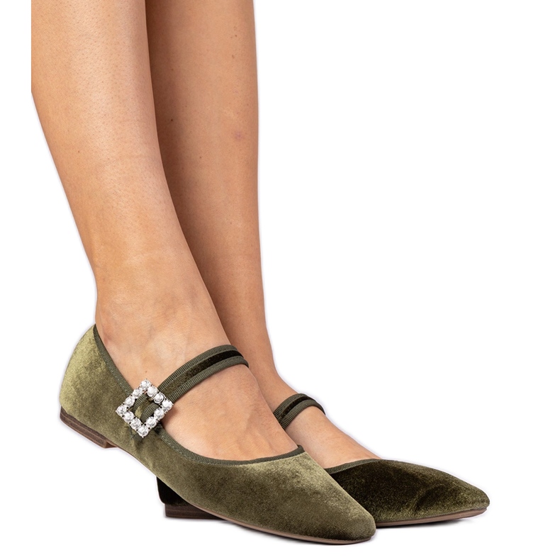 Ballerinas vellici da donna verde con una fibbia