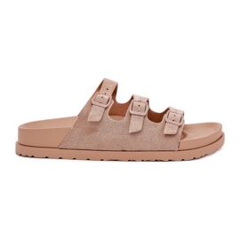 Pantofole da donna con strisce e fibbie beige