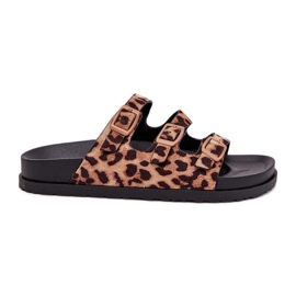 Infradito da donna con strisce e fibbia con stampa leopardo marrone