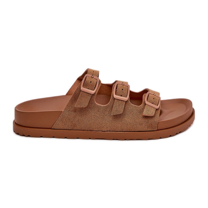 Pantofole da donna con strisce di cammello e fibbie marrone