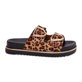 Pantofole da donna con stampa leopardata sulla piattaforma con morsetti dorati marroni marrone
