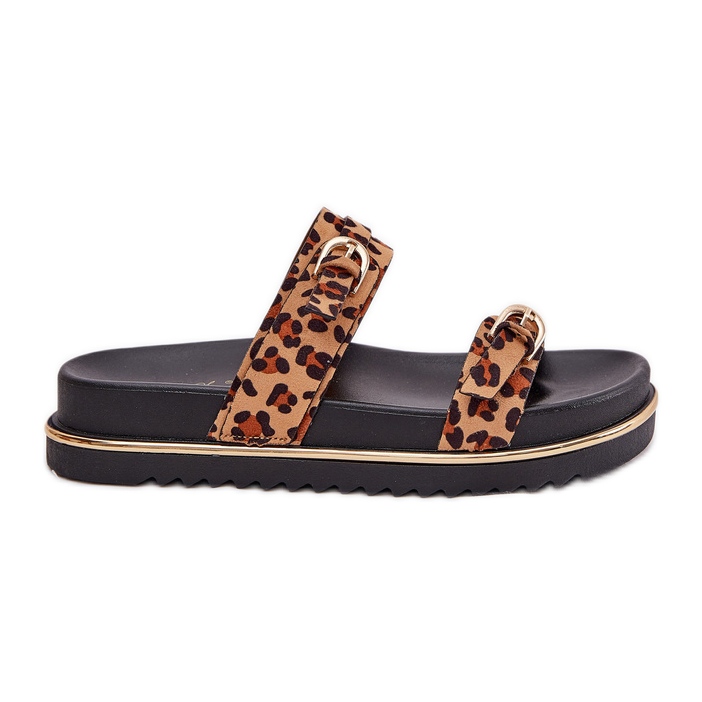 Pantofole da donna con stampa leopardo sulla piattaforma con strisce e morsetti marroni marrone