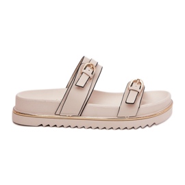 Le pannelli da donna lisce sulla piattaforma con strisce e morsetti beige