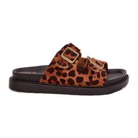 Pantofole da donna con stampa leopardata sulla piattaforma con fibbie marroni marrone