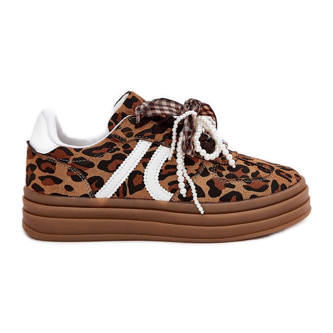 Sneaker da donna con stampa leopardata sulla piattaforma con decorazioni marroni marrone