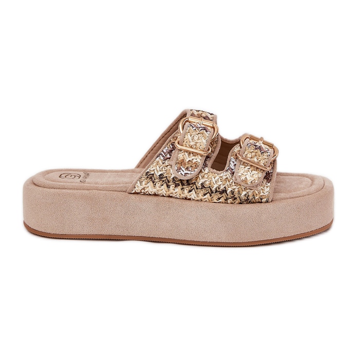 Pantofole da donna sulla piattaforma con fibbie e trecciati kaki beige