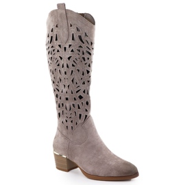 Stivali aperti con beige scuro in pelle scamosciata Vinceza 58453