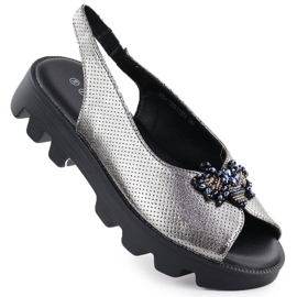 Sandali da donna su piattaforma perforato POTOCKI METALLICO SILVER SZ12610 argento