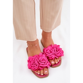 Flip da donna a ruote piatte con fiori di fucsia decorativi rosa