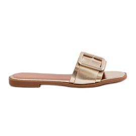 Pantofole da donna in pelle eco piatta con fibbia dorata d'oro