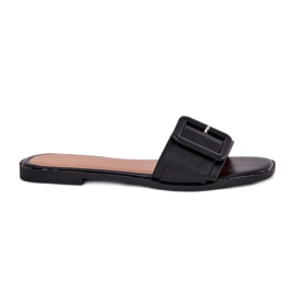 Pantofole da donna in pelle eco piatta con fibbia nera nero