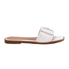 Pantofole da donna in pelle eco piatta con una fibbia bianca bianco