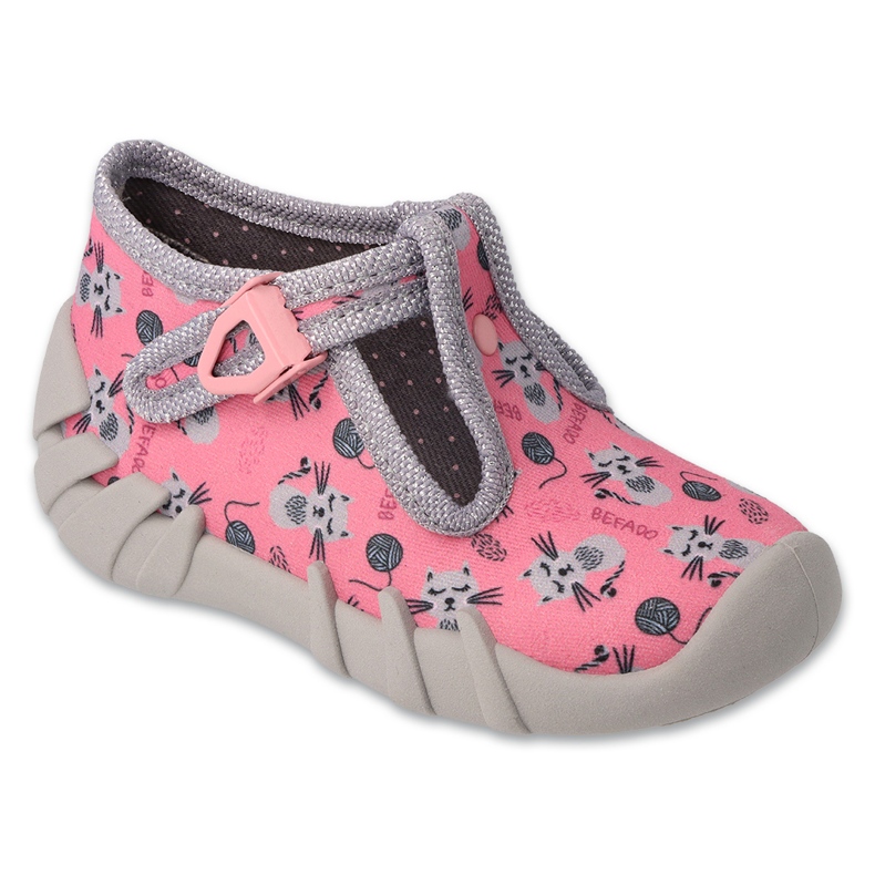 Pantofole per bambini Befado 110N484, rosa con gattini grigi