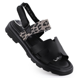 Sandali in pelle femminile con stampa leopardo Vinceza 66780 nero