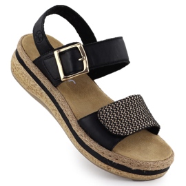 Sandali in pelle femminile su cuneo Velcro Rieker V0951 nero