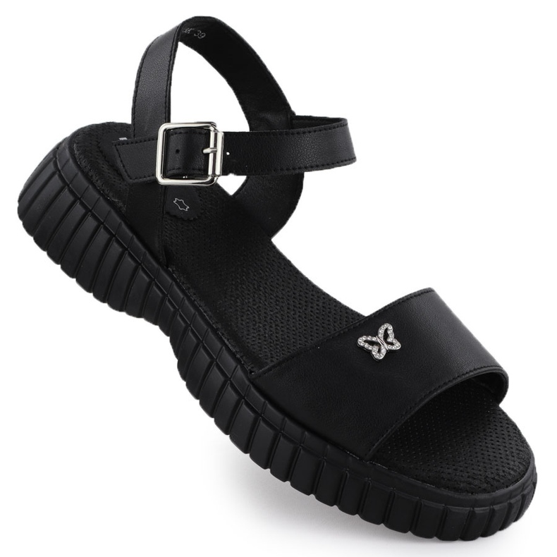 Sandali in pelle da donna su una suola spessa con una farfalla nera filippo ds6811 nero