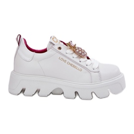 CheBello Sneaker in pelle con una spilla decorativa Porabello 4651 Bianco
