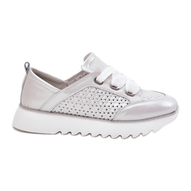 S.Barski Sneaker in pelle da donna sulla piattaforma d'argento LR51-796