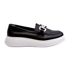 S.Barski Mocassini in pelle femminile su PlatformA Czarne S. Barski LR720 con un ornamento nero