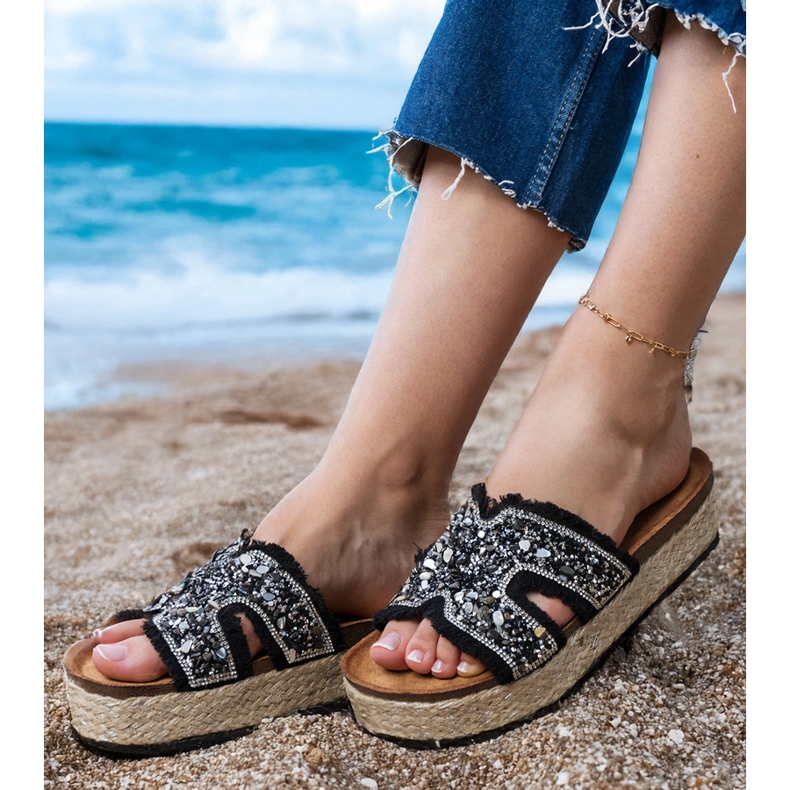 Espadrille nere con zirconi e ciottoli nero