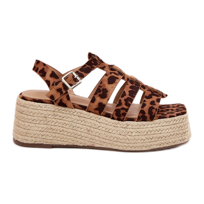 Sandali femminili con strisce e treccia di leopardo marrone