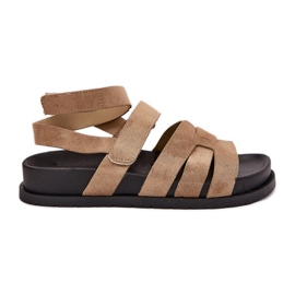 Sandali femminili di eco scamosciata con beige scuro in velcro
